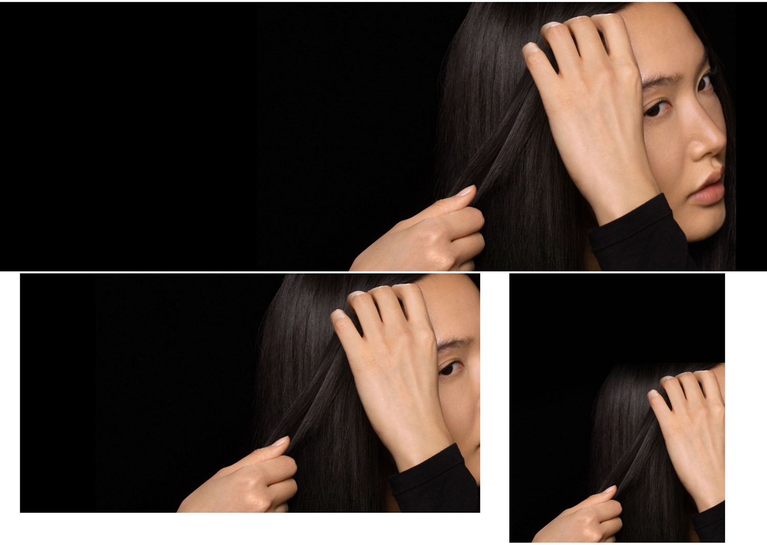 Dark-haired model applies Dyson Chitosan Post-style serum to her hair.
