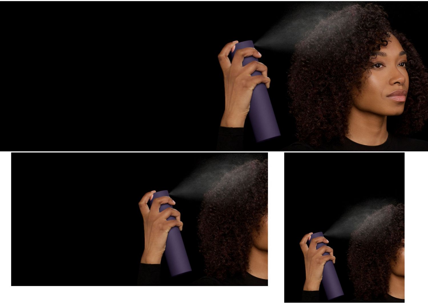 Coily haired model applies Dyson Chitosan Multi-use styling spray to her hair.