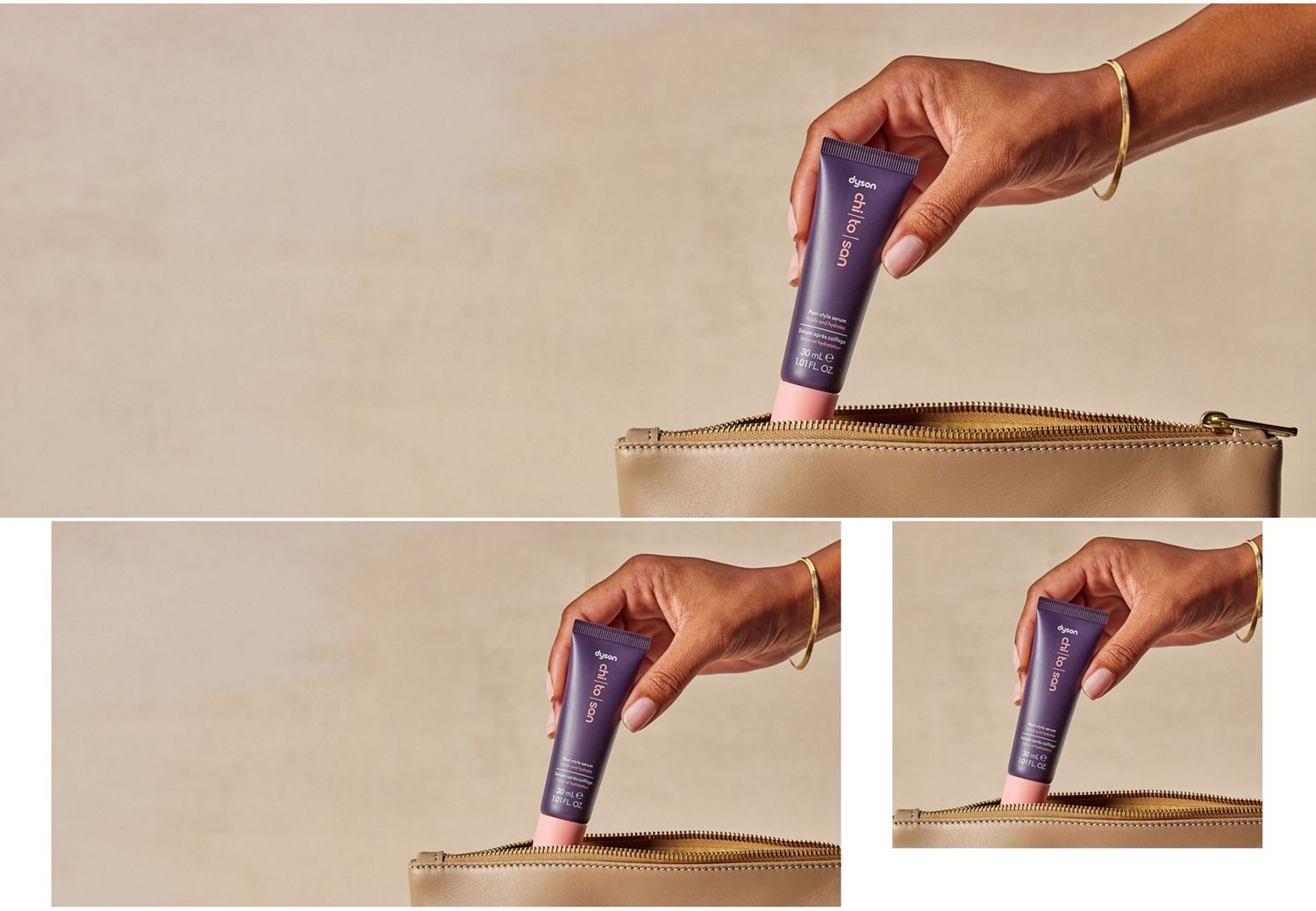 Dyson Chitosan Post-style serum travel mini retrieved from a toiletries bag.