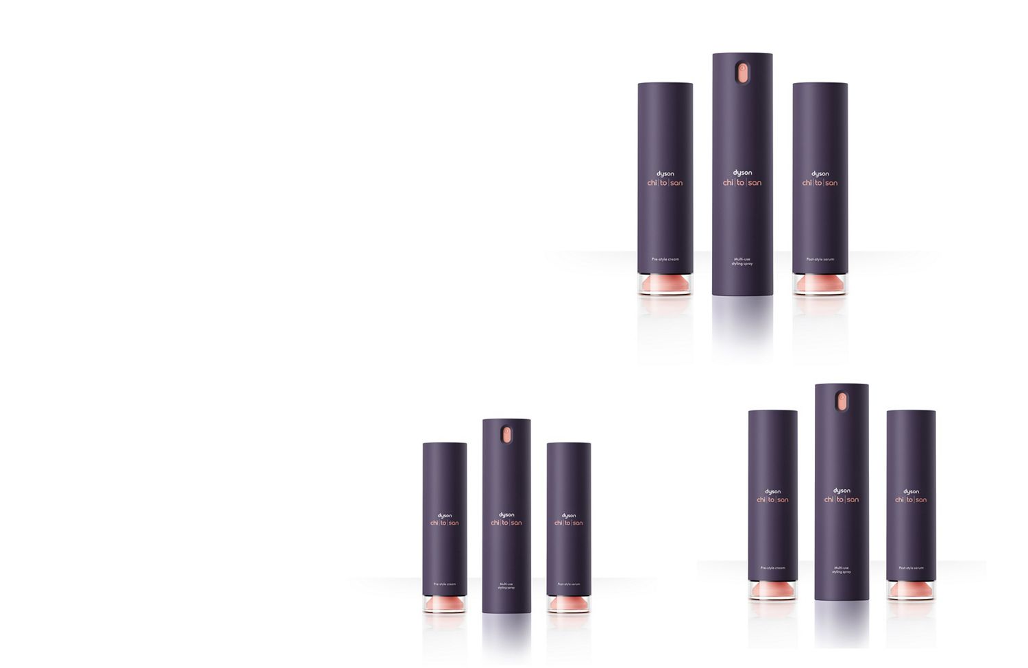 The Dyson Chitosan styling range of Pre-style cream, Post-style serum and Multi-use styling spray.