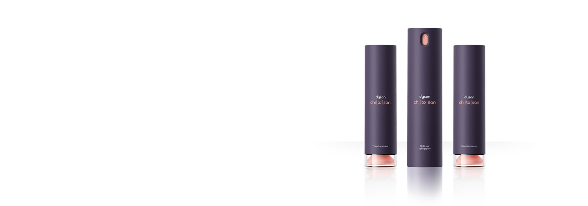 The Dyson Chitosan styling range of Pre-style cream, Post-style serum and Multi-use styling spray.
