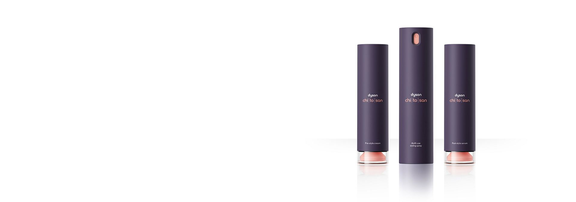 The Dyson Chitosan styling range of Pre-style cream, Post-style serum and Multi-use styling spray.