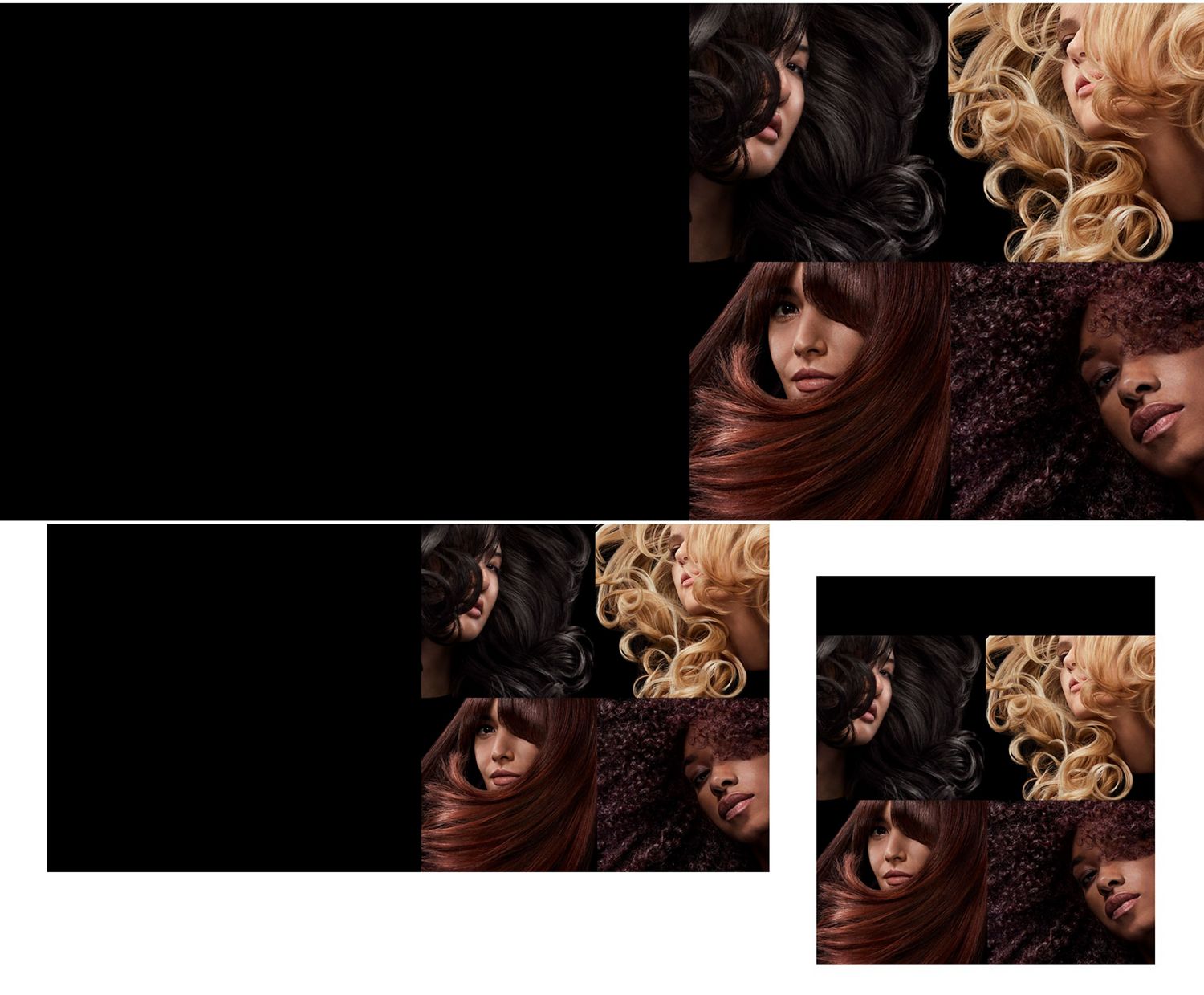 Four models in grid formation, showcasing different hair types, colours and styles.