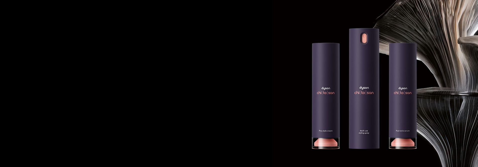 The Dyson Chitosan styling range in front of a stack of oyster mushrooms.
