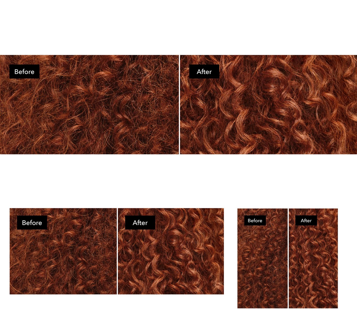 Before and after of naturally curly, auburn hair nourished with Dyson Omega products. Before and after of naturally curly, auburn hair nourished with Dyson Omega products.