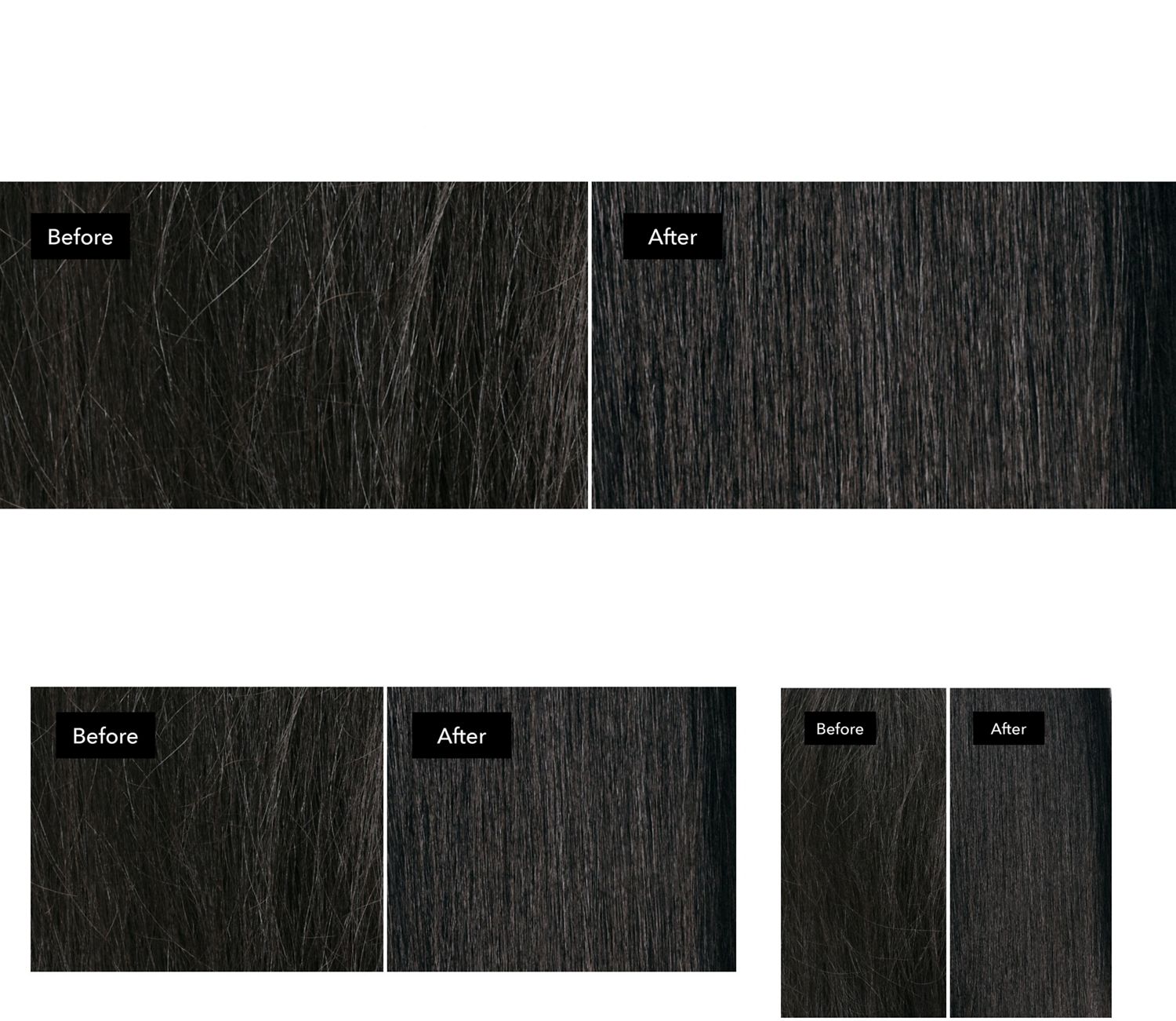 Before and after of naturally straight, black hair nourished with Dyson Omega products. Before and after of naturally straight, black hair nourished with Dyson Omega products.