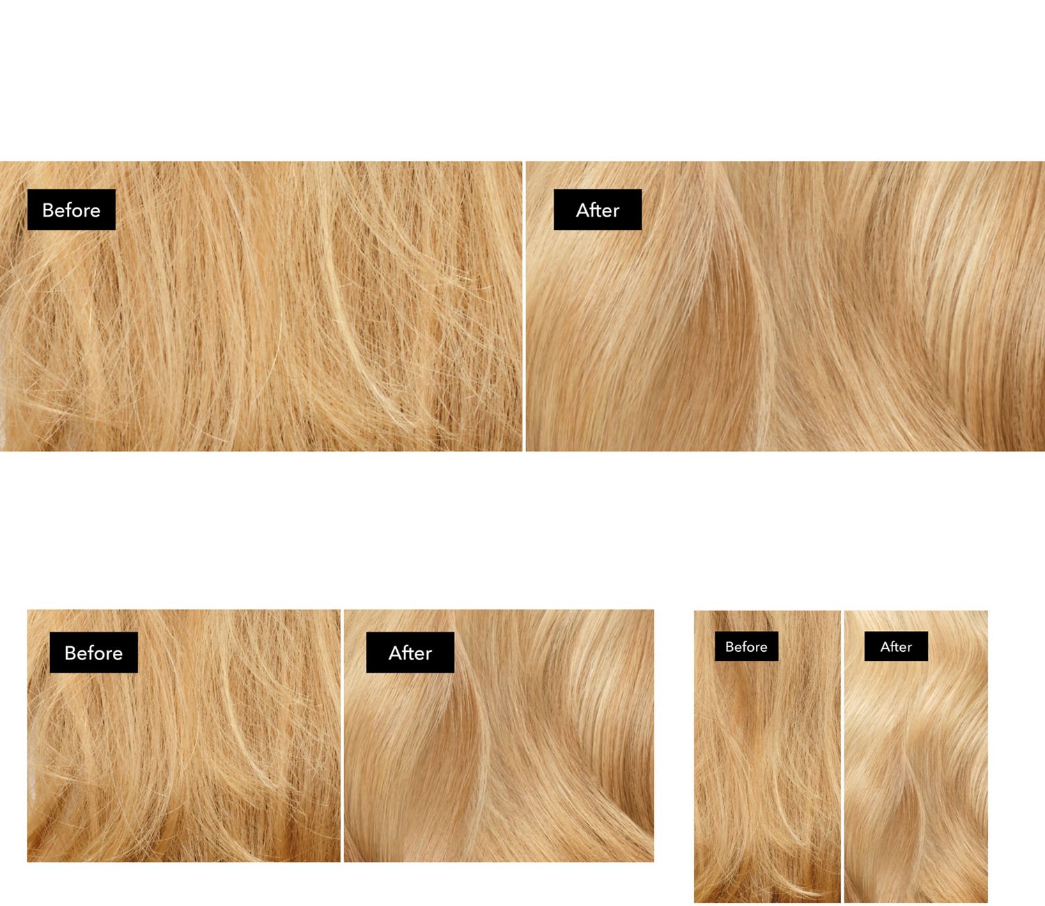 Before and after of naturally wavy, blonde hair nourished with Dyson Omega products. Before and after of naturally wavy, blonde hair nourished with Dyson Omega products.
