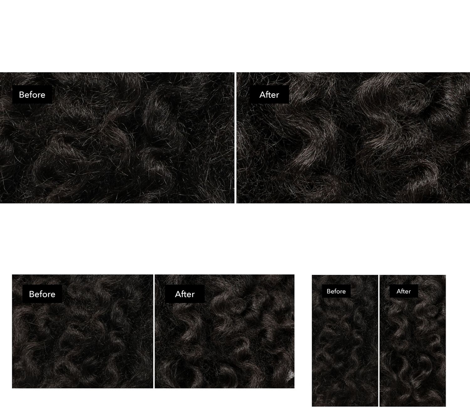 Before and after of naturally coily, black hair nourished with Dyson Omega products. Before and after of naturally coily, black hair nourished with Dyson Omega products.