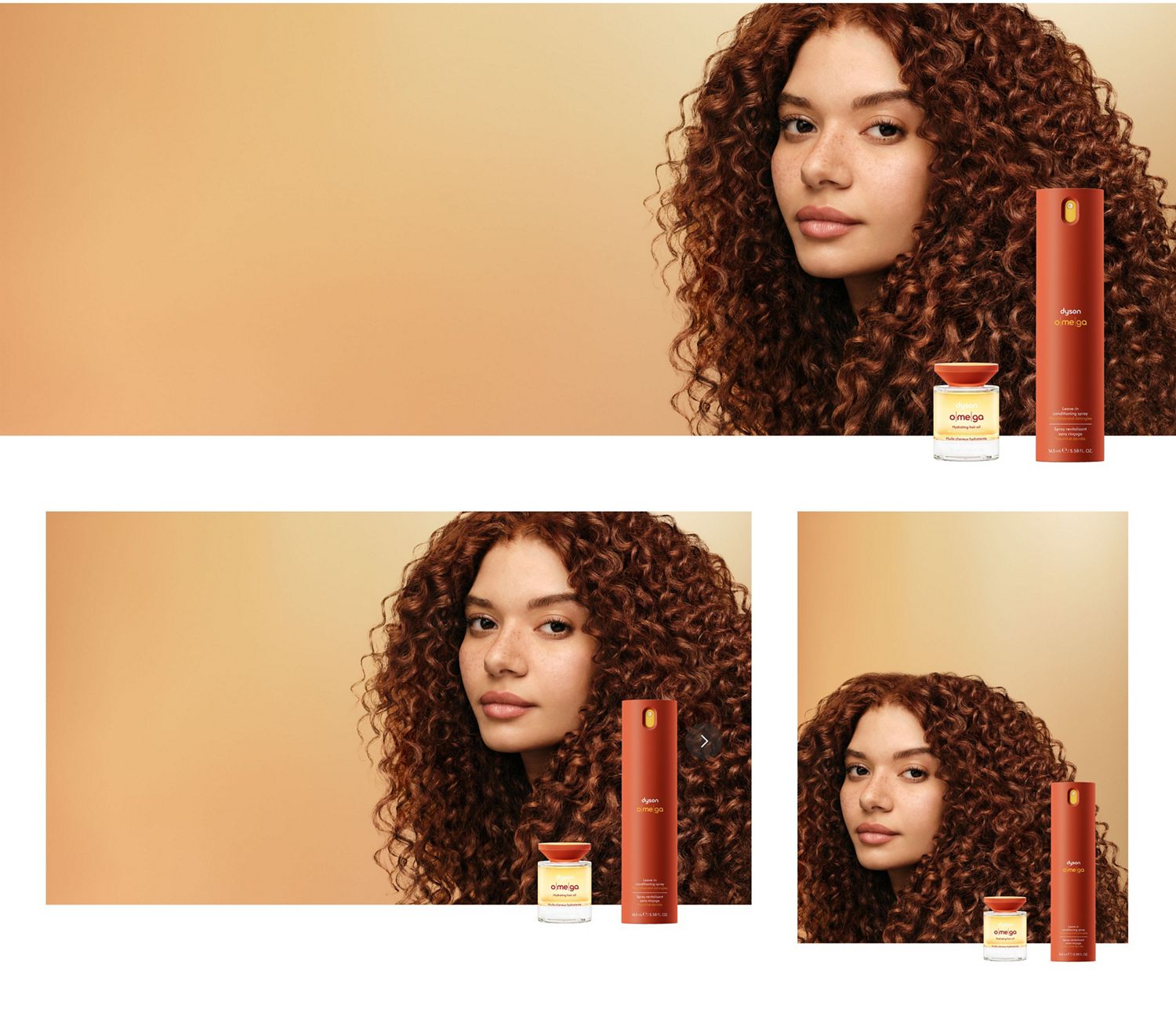 Modella con i capelli ricci dietro la gamma di prodotti per la cura dei capelli Dyson Omega.