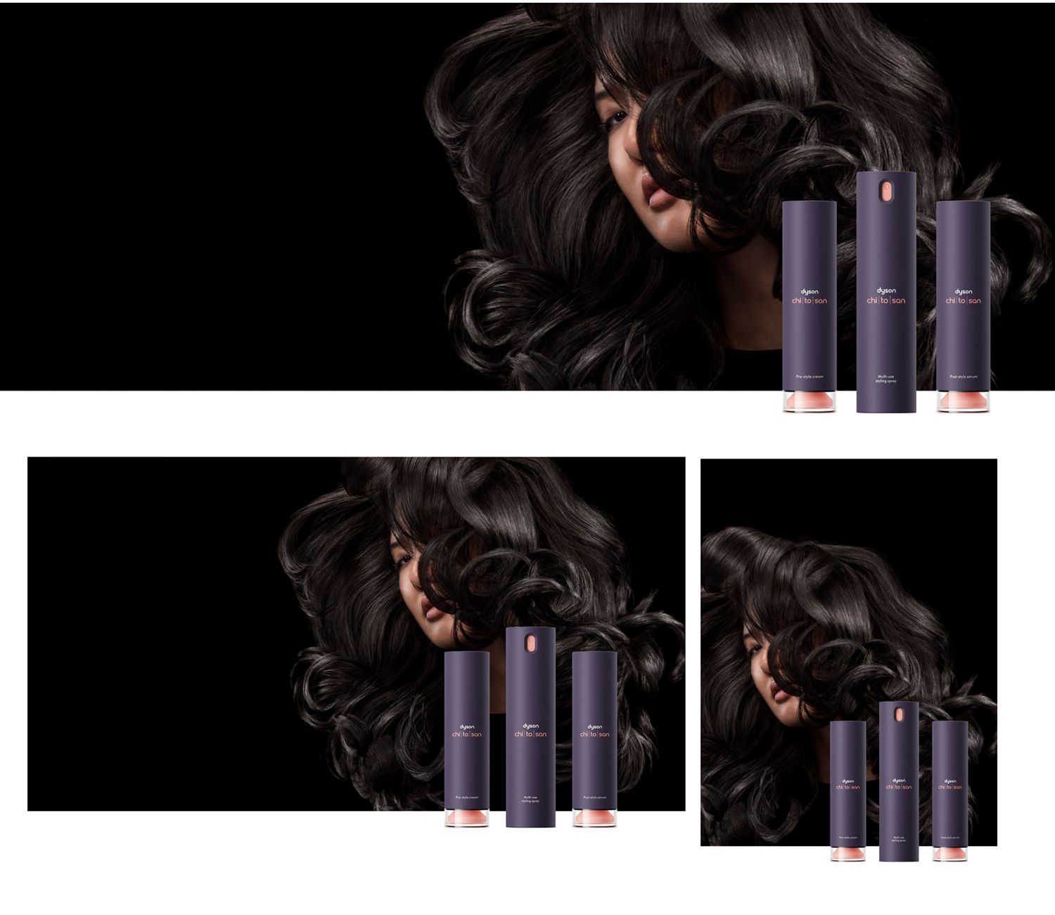 Modella con i capelli scuri dietro la gamma di prodotti per lo styling Dyson Chitosan.