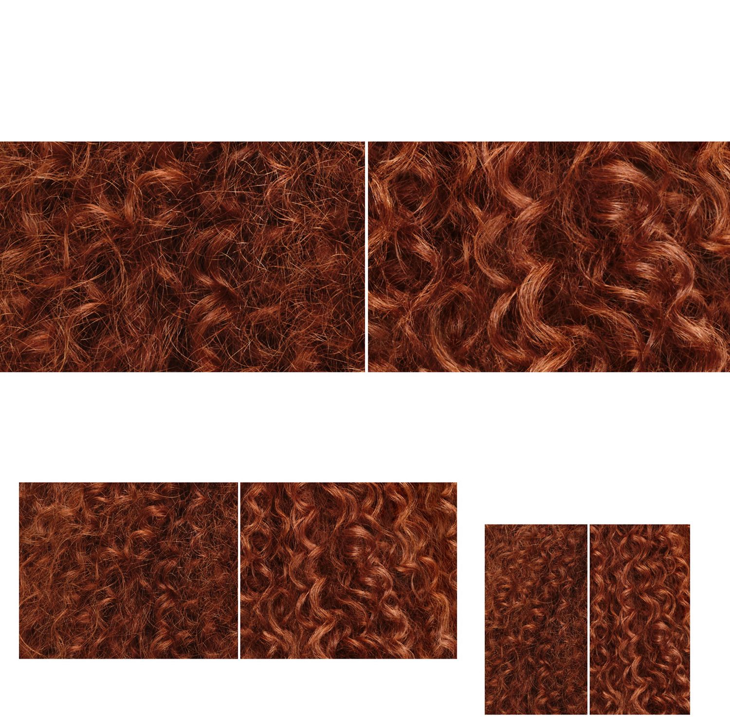 Before and after of naturally curly, auburn hair nourished with Dyson Omega products.
