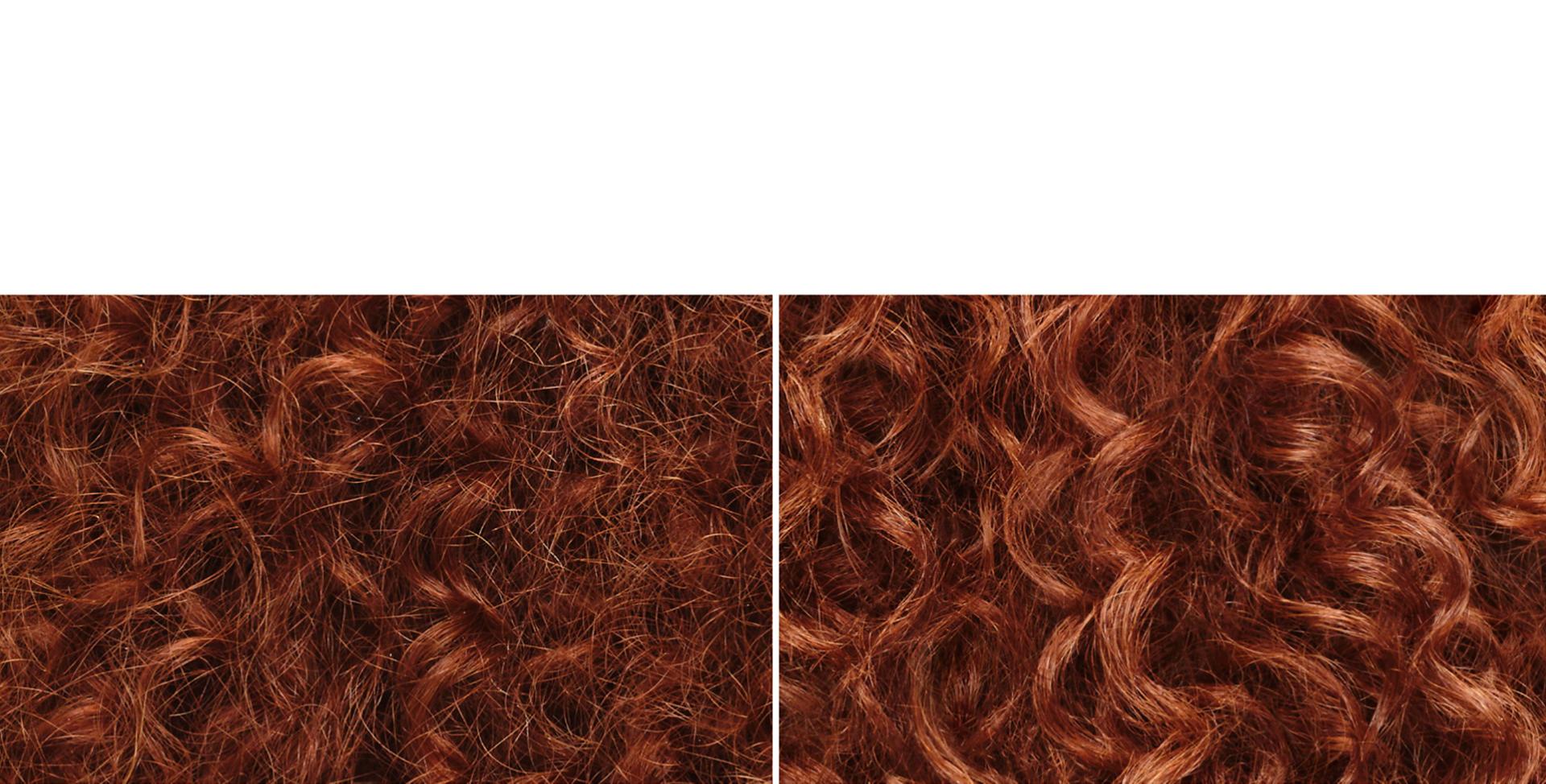 Before and after of naturally curly, auburn hair nourished with Dyson Omega products.