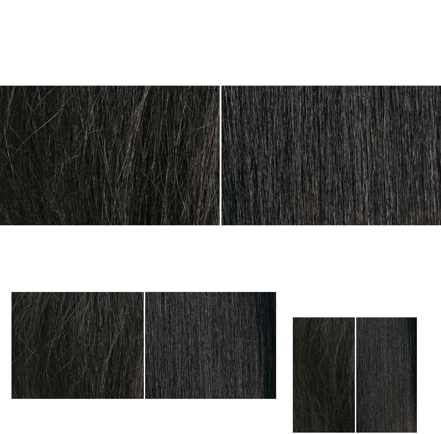 Before and after of naturally straight, black hair nourished with Dyson Omega products.