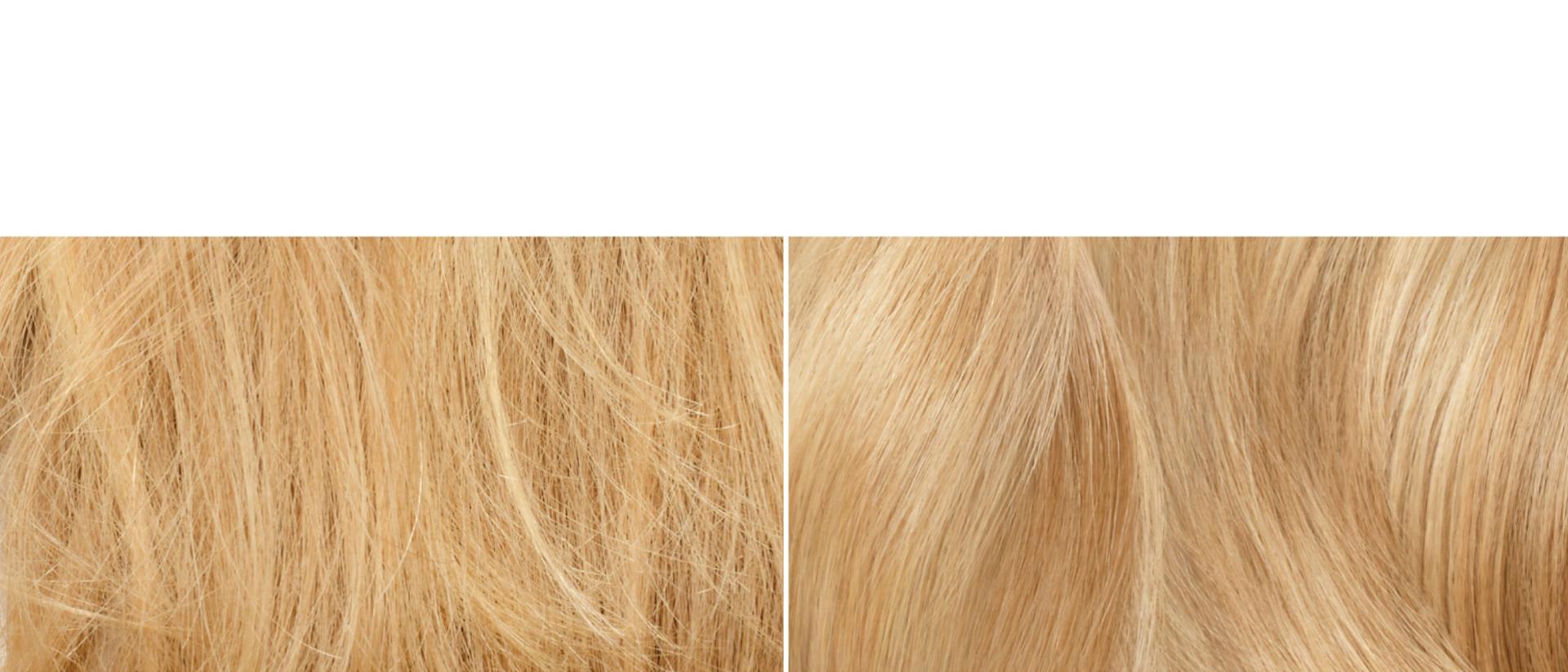 Before and after of naturally wavy, blonde hair nourished with Dyson Omega products.