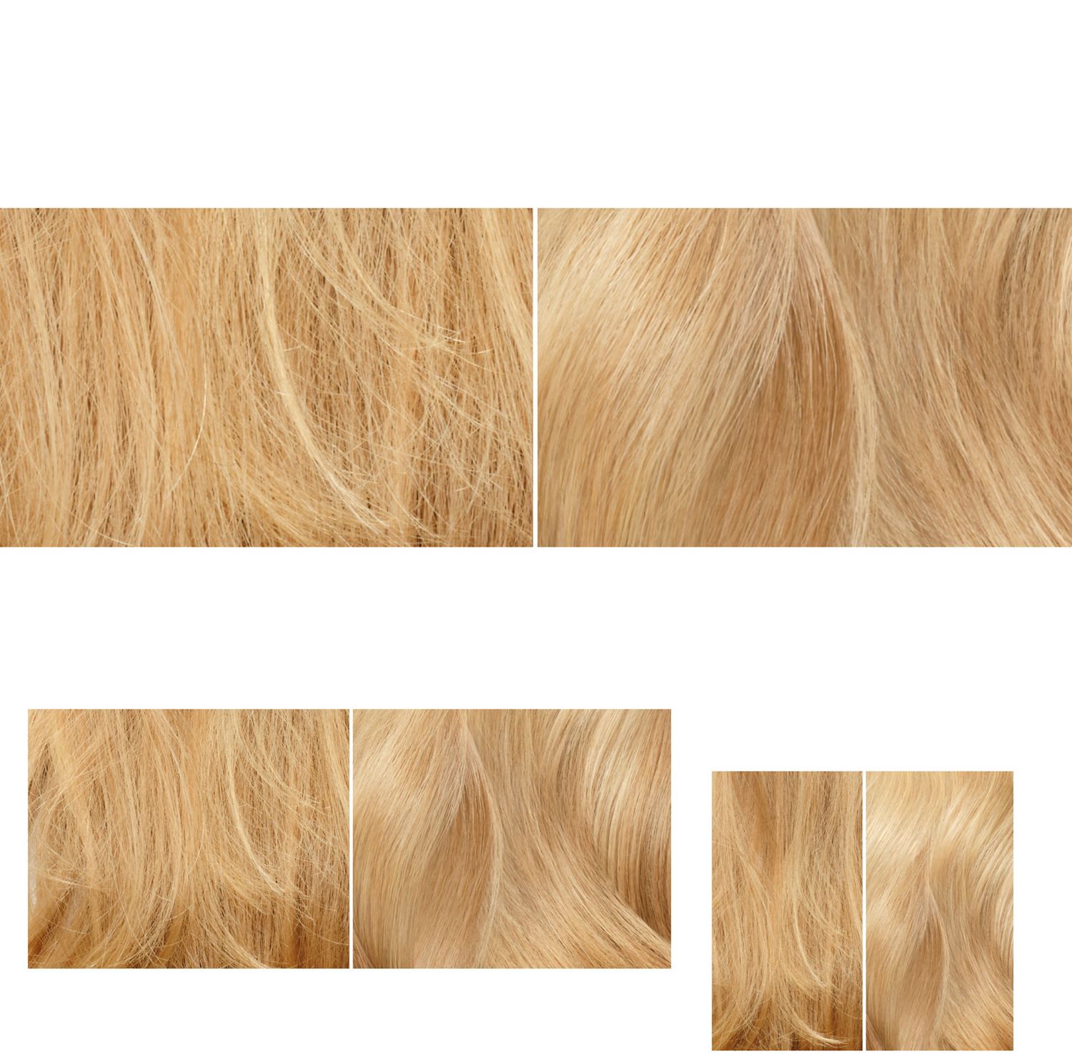 Before and after of naturally wavy, blonde hair nourished with Dyson Omega products.