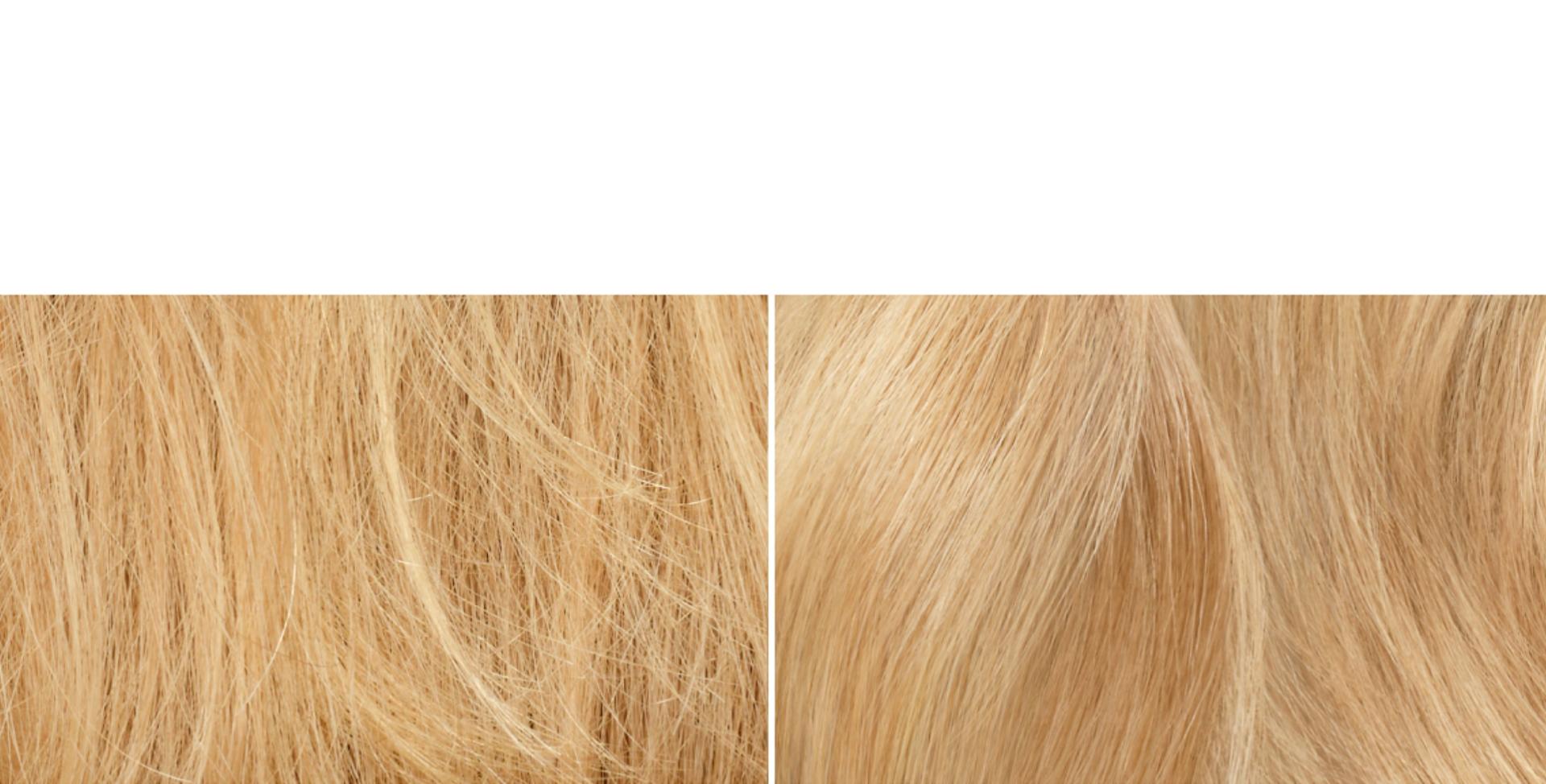 Before and after of naturally wavy, blonde hair nourished with Dyson Omega products.