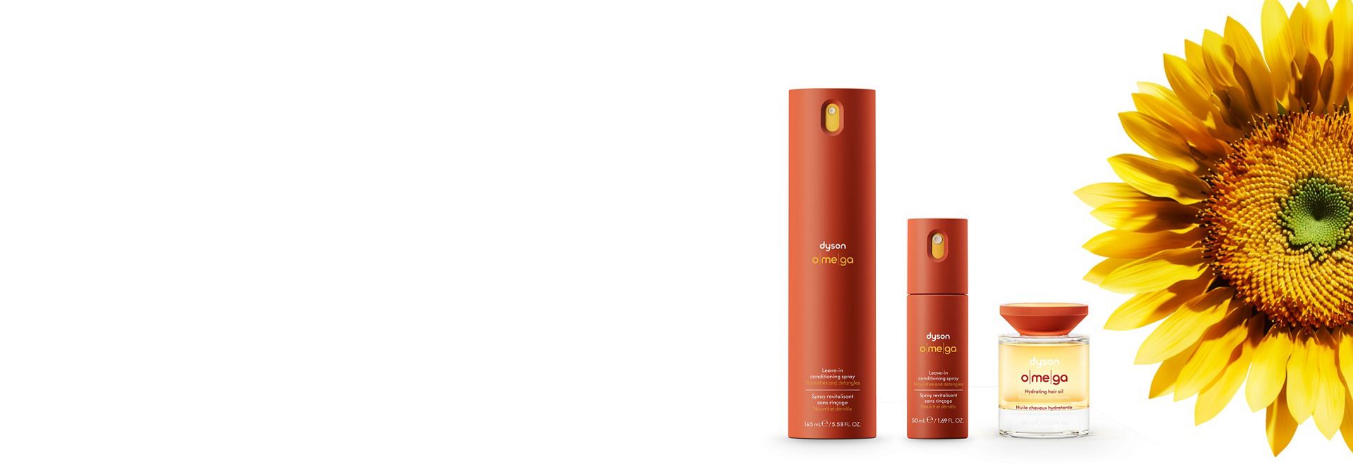 The Dyson Omega nourishing range with a sunflower.