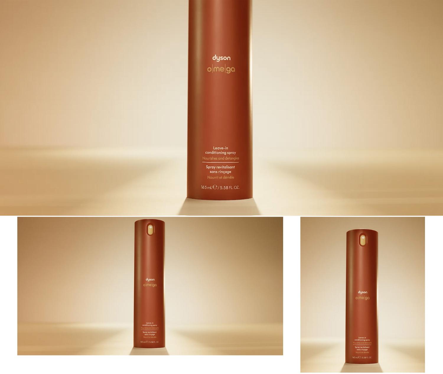 The Dyson Omega leave-in conditioning spray illuminated from behind with a warm glow.