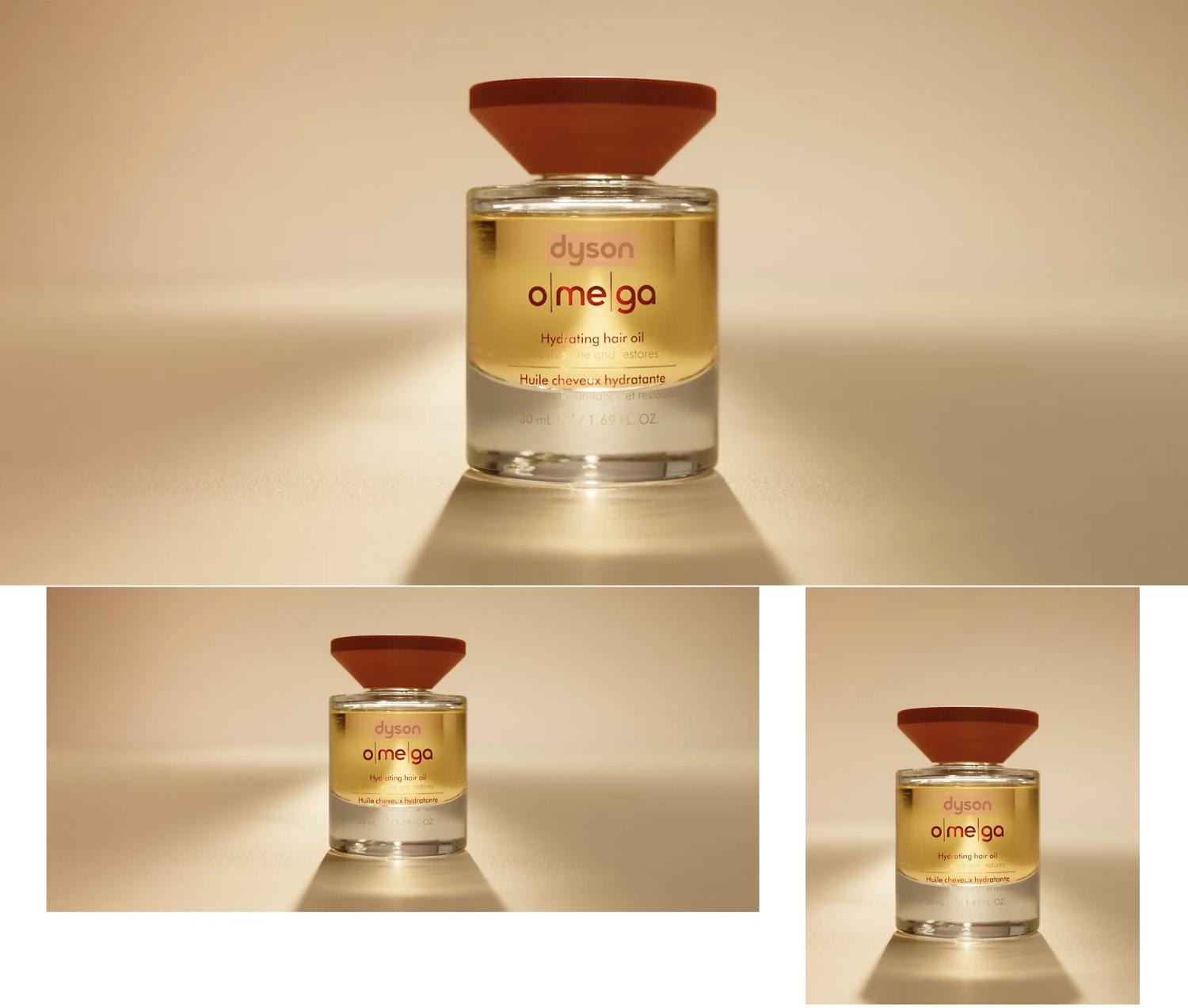 The Dyson Omega hydrating hair oil illuminated from behind with a warm glow.
