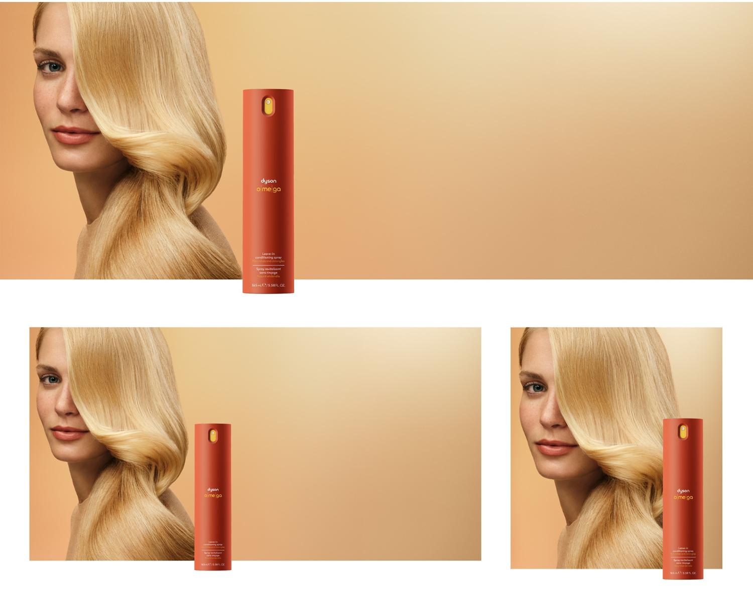 A blonde model behind the Dyson Omega leave-in conditioning spray.