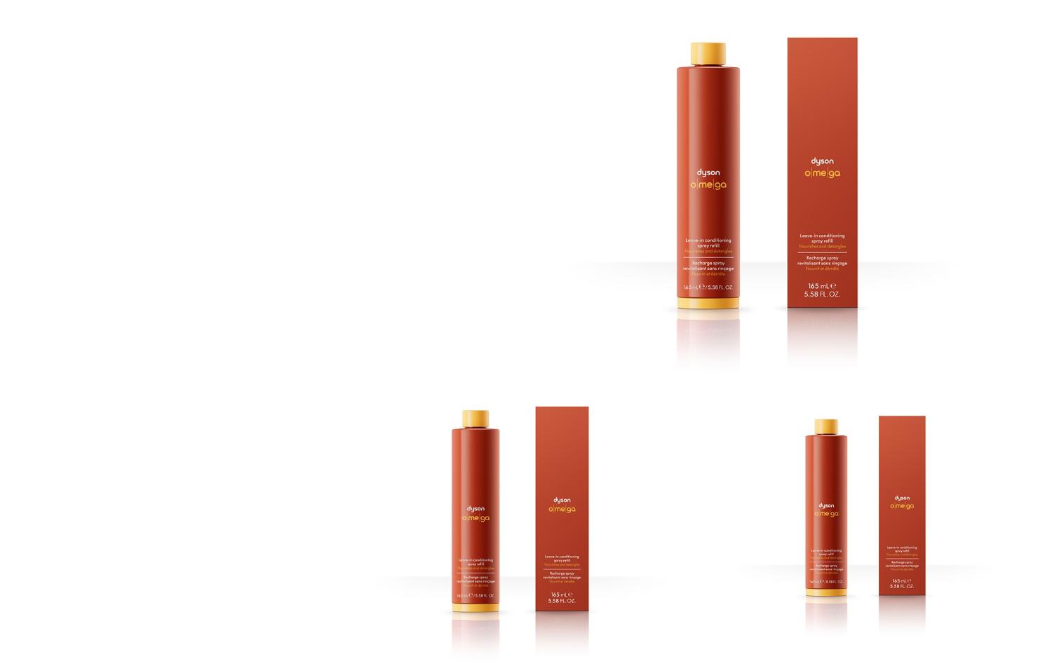 The Dyson Omega leave-in conditioning spray refill with packaging.