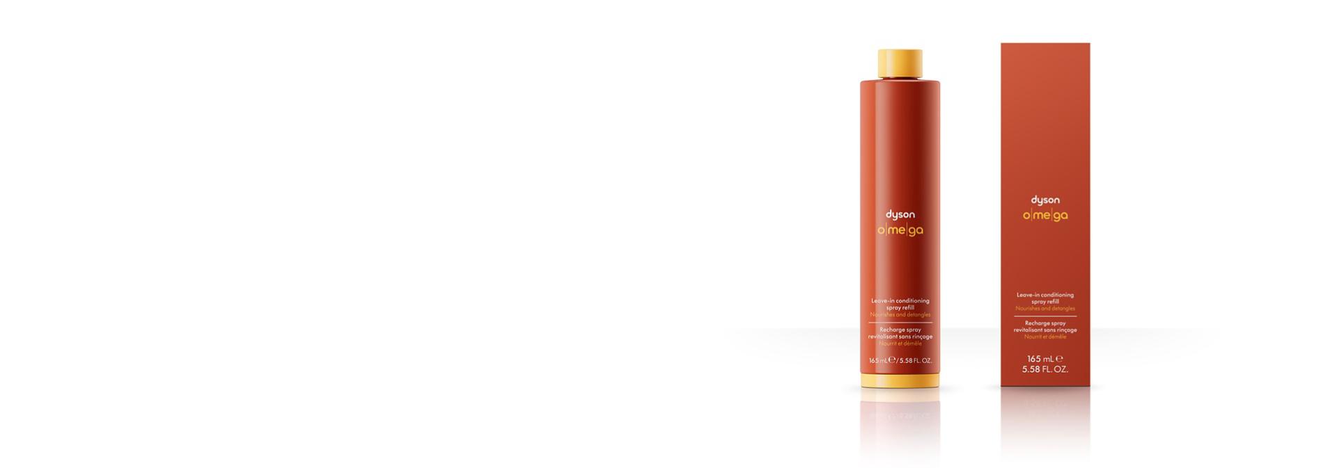 The Dyson Omega leave-in conditioning spray refill with packaging.