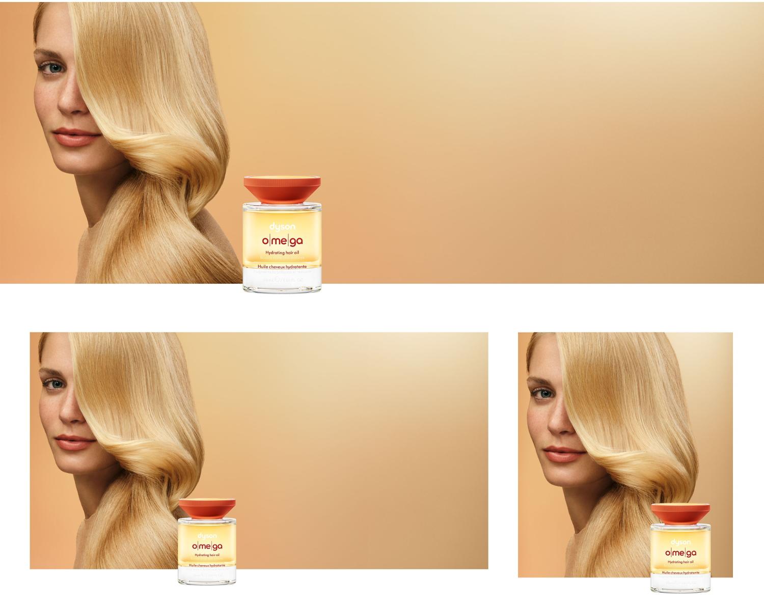 A blonde model behind the Dyson Omega hydrating hair oil.