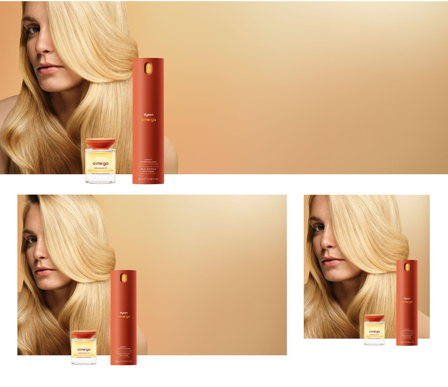 Un mannequin aux cheveux foncés derrière la gamme nutritive Dyson Omega.