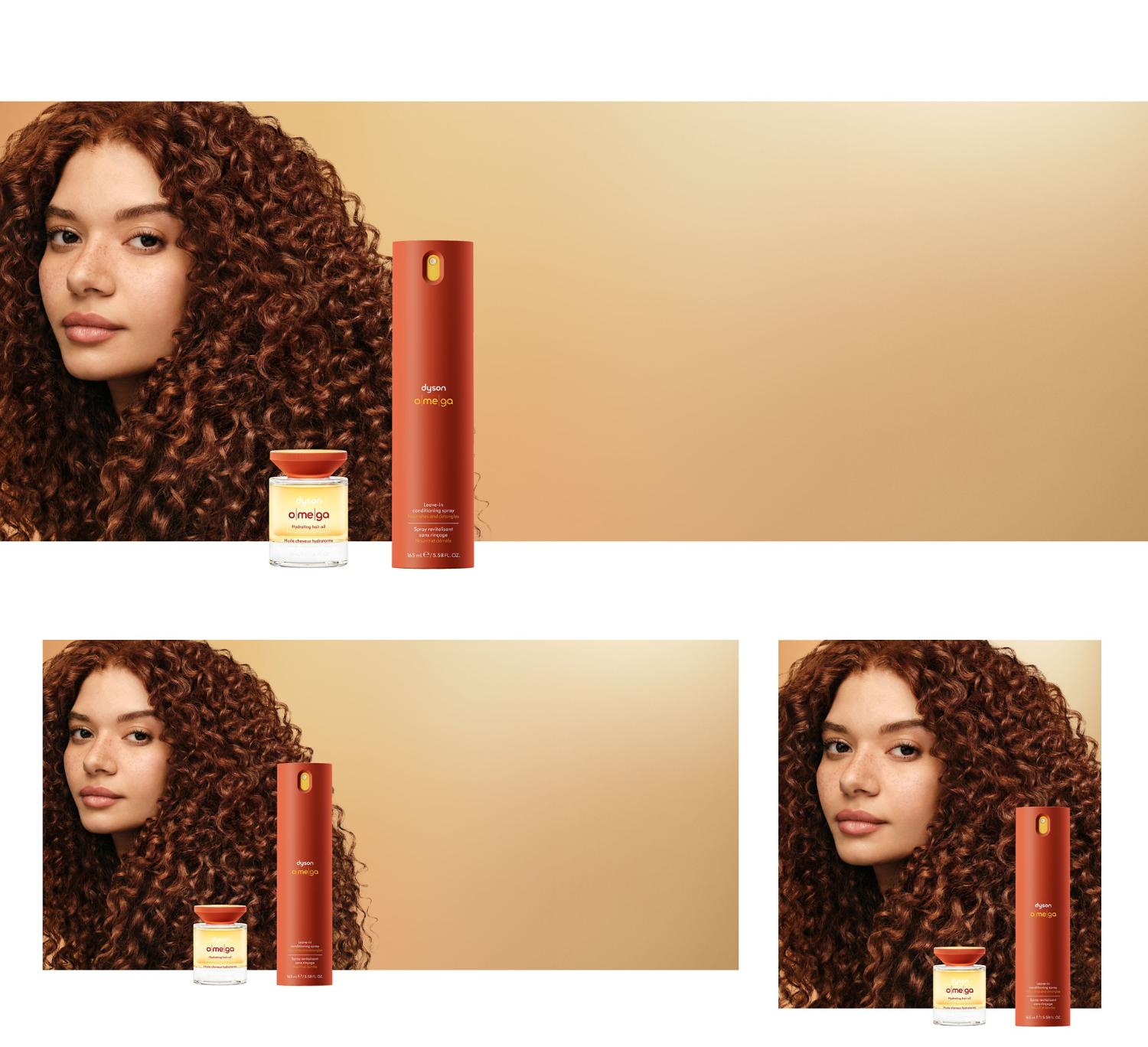A curly haired model behind the Dyson Omega nourishing range.