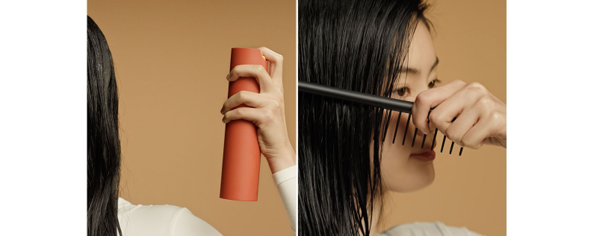 Dyson Omega durulanmayan saç bakım spreyi saça sıkıldığında ince tabaka bir şekilde dağılır. Ardından saçınızı tarayın.