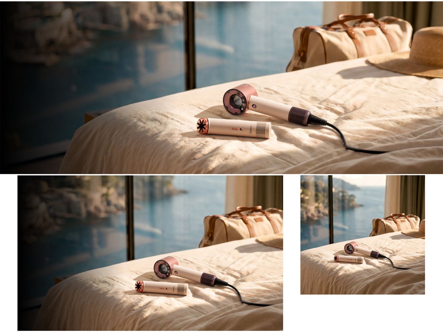 A blooming rose next to the Dyson Airwrap i.d. multi-styler and dryer in Ceramic pink and rose gold, and storage case.