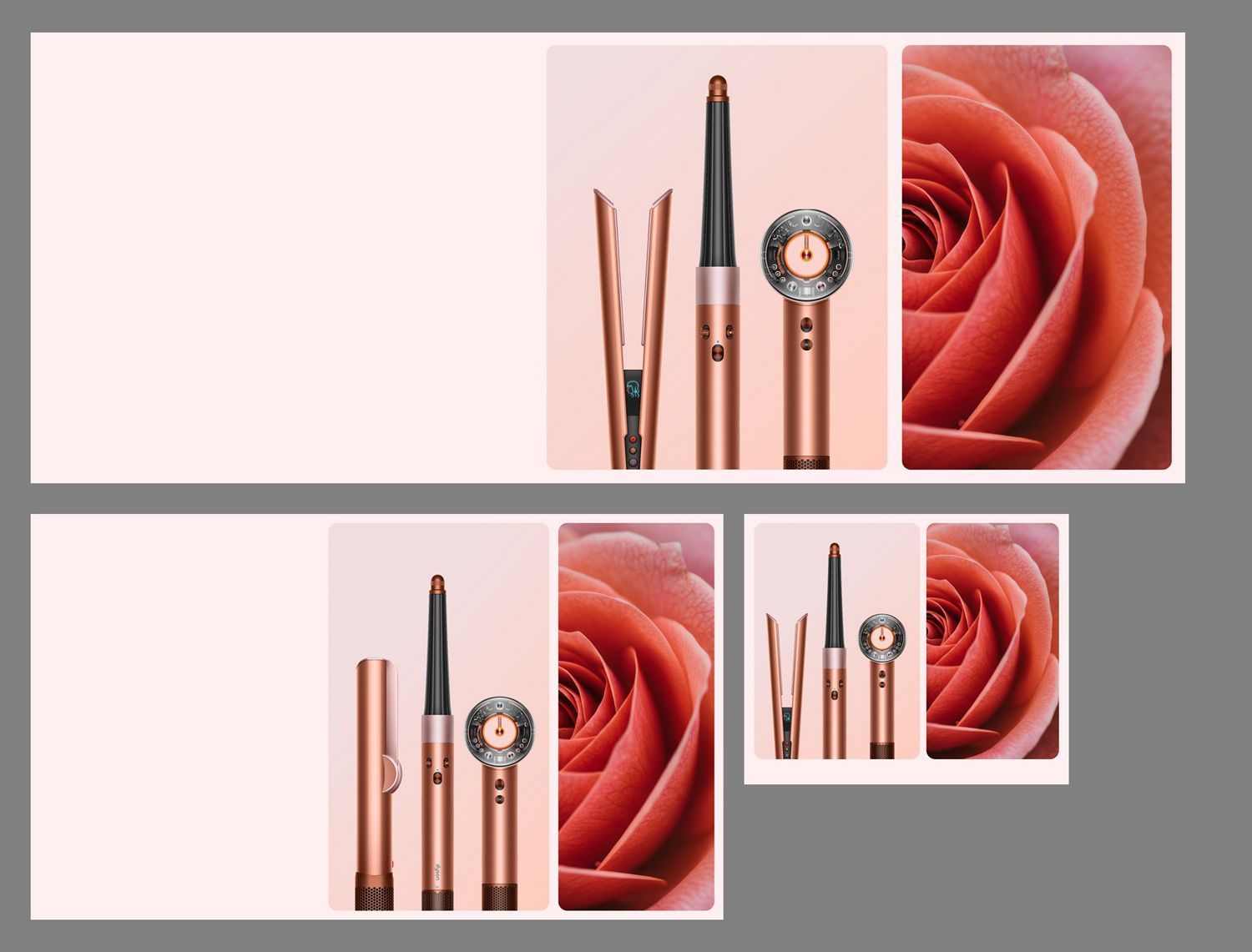 A blooming rose next to the Dyson Airwrap i.d. multi-styler and dryer in Amber silk and storage case.