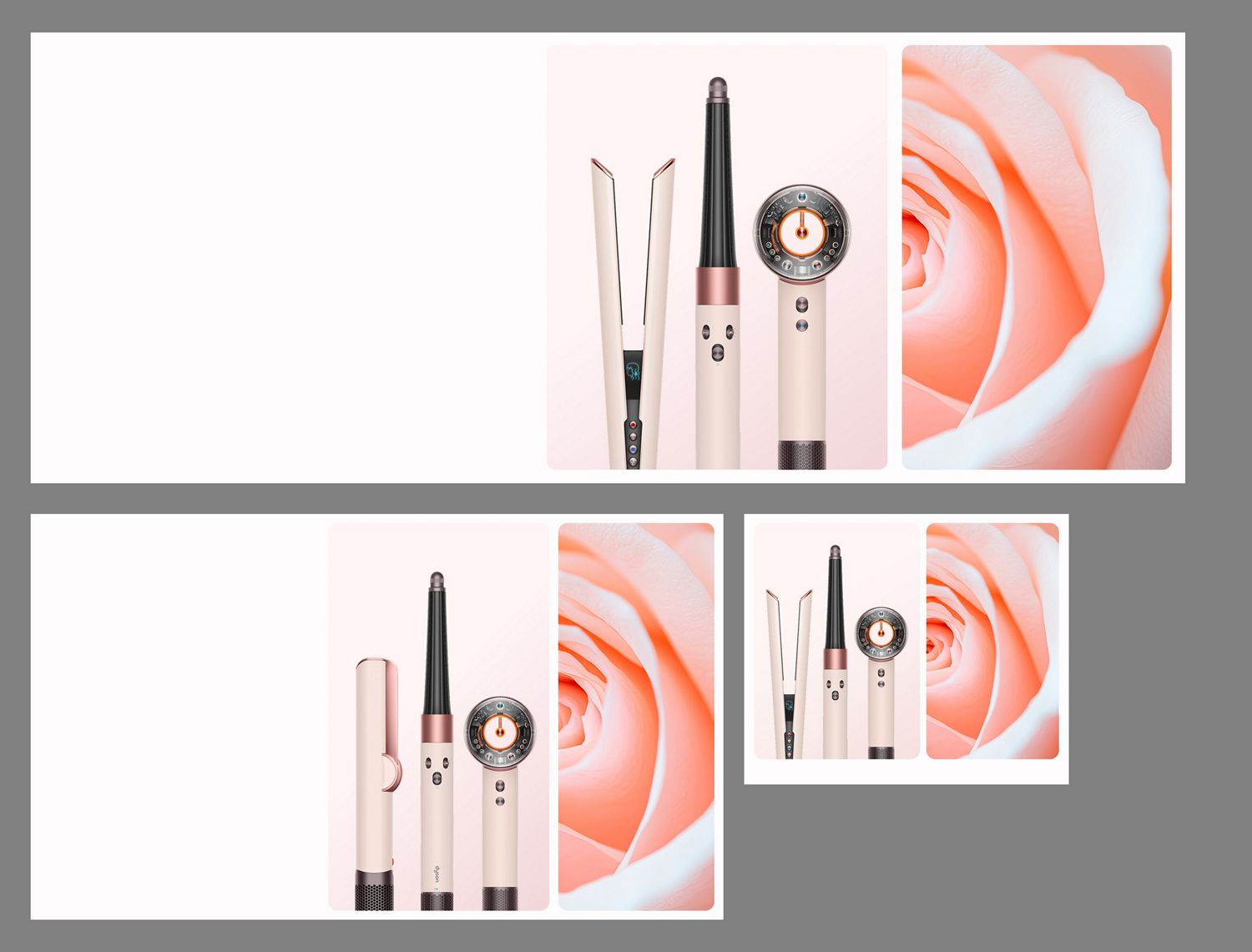 A blooming rose next to the Dyson Airwrap i.d. multi-styler and dryer in Ceramic pink and rose gold, and storage case.