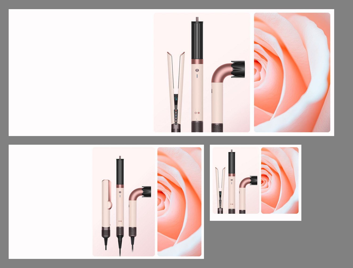 A blooming rose next to the Dyson Airwrap i.d. multi-styler and dryer in Ceramic pink and rose gold, and storage case.