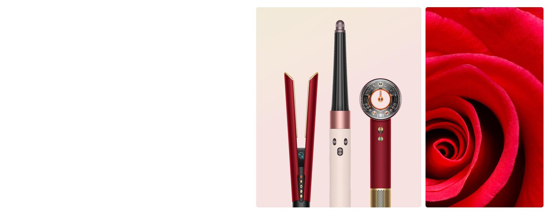 The Dyson Beauty device range next to a blooming rose.