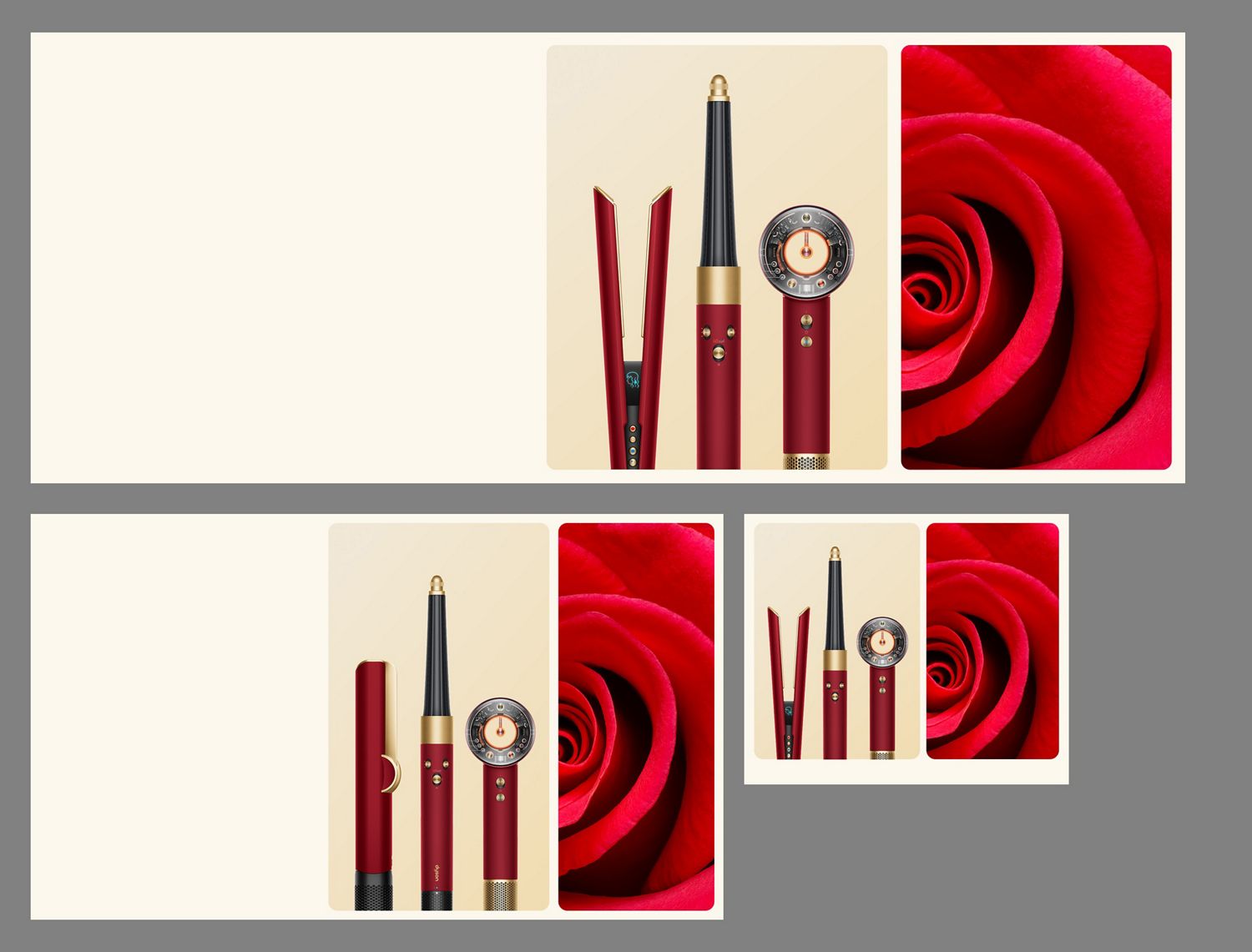 A blooming rose next to the Dyson Airwrap i.d. multi-styler and dryer in Amber silk and storage case.