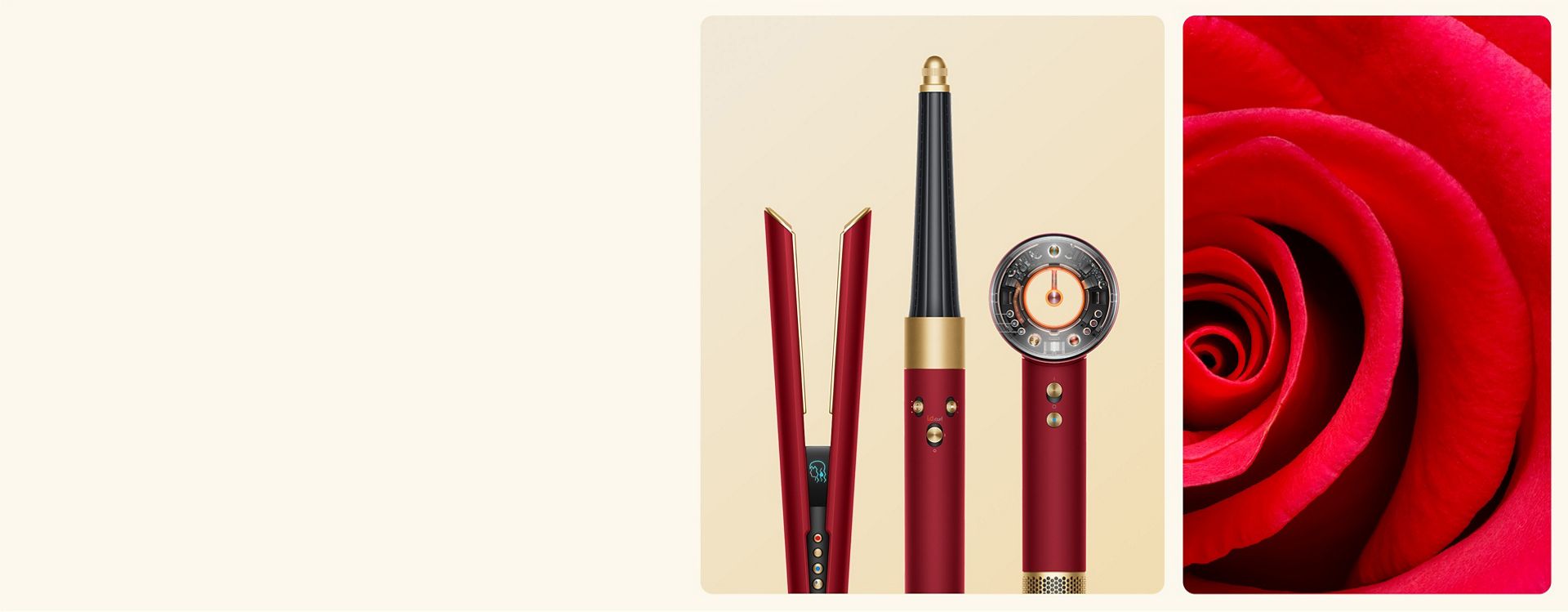 A blooming rose next to the Dyson Airwrap i.d. multi-styler and dryer in Red velvet and gold, and storage case.