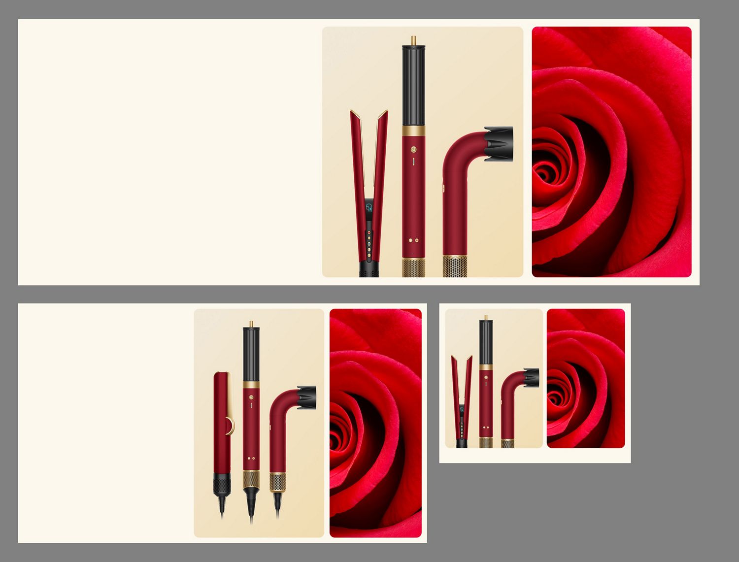 En blomstrende rose ved siden af Dyson Airwrap™ i.d. multistyler og føntørrer i Red Velvet og Guld, med opbevaringsetui.