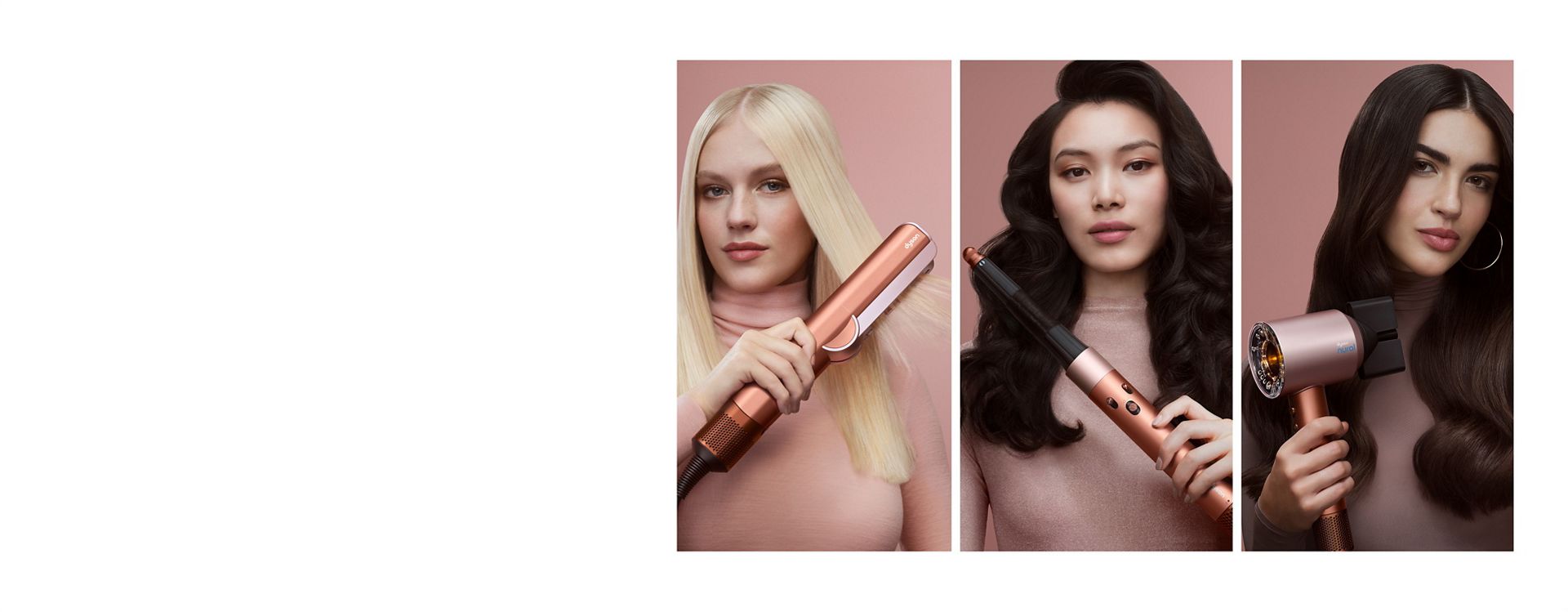 Three models drying and styling their hair with Dyson Beauty devices.