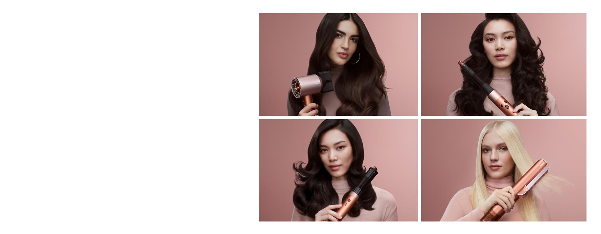 Four models drying and styling their hair with Dyson Beauty devices.