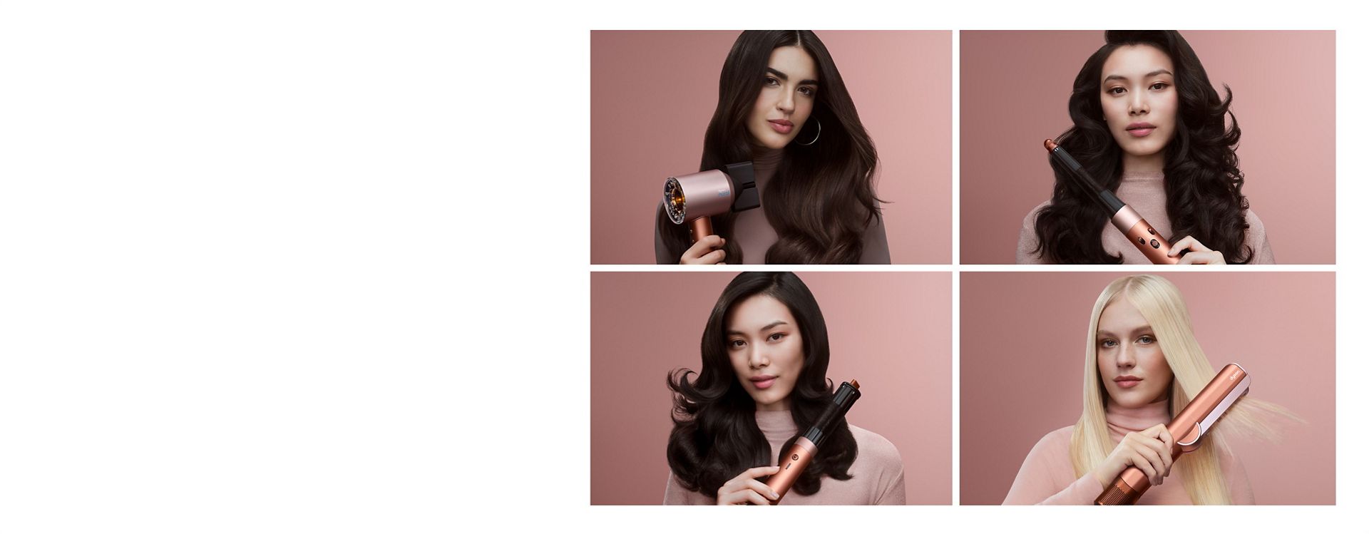 Four models drying and styling their hair with Dyson Beauty devices.