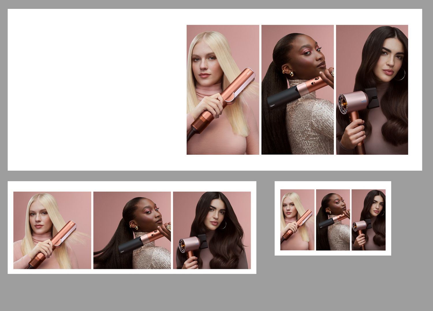 Three models drying and styling their hair with Dyson Beauty devices.