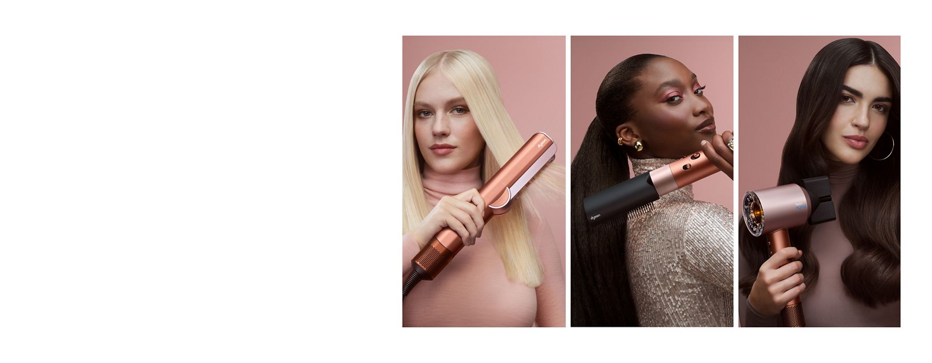 Three models drying and styling their hair with Dyson Beauty devices.