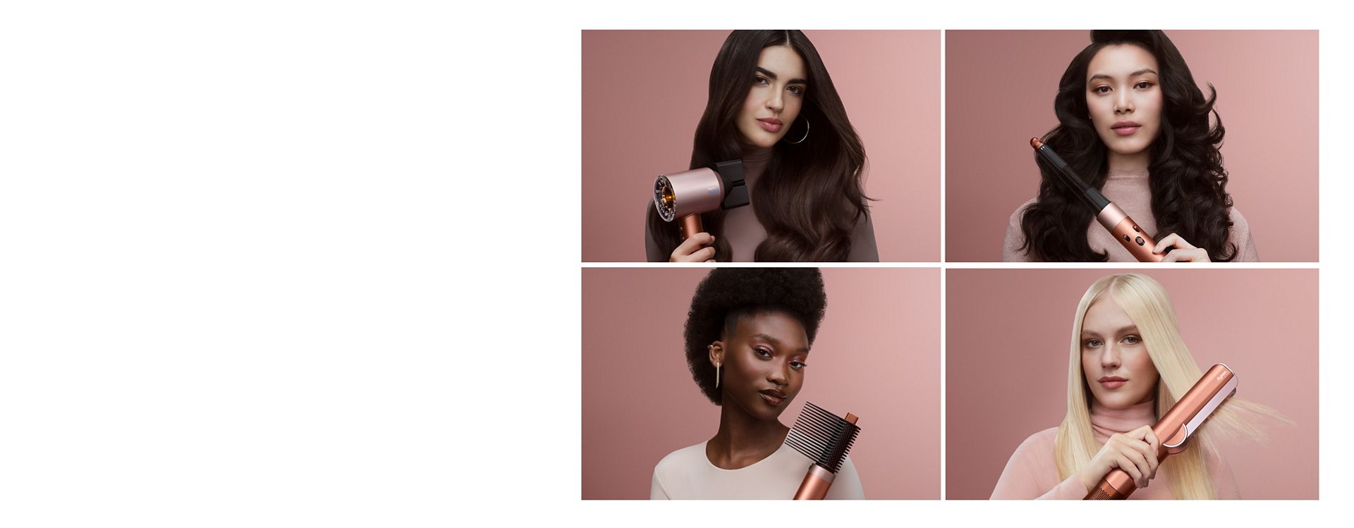 Four models drying and styling their hair with Dyson Beauty devices.