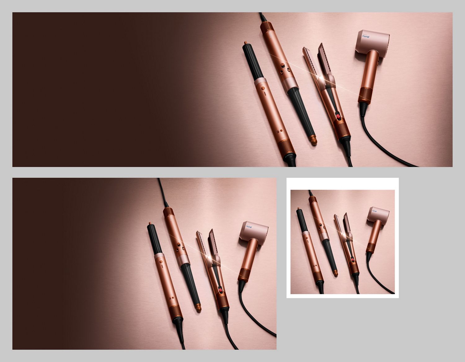 The Dyson Beauty device range in Amber silk colorway.