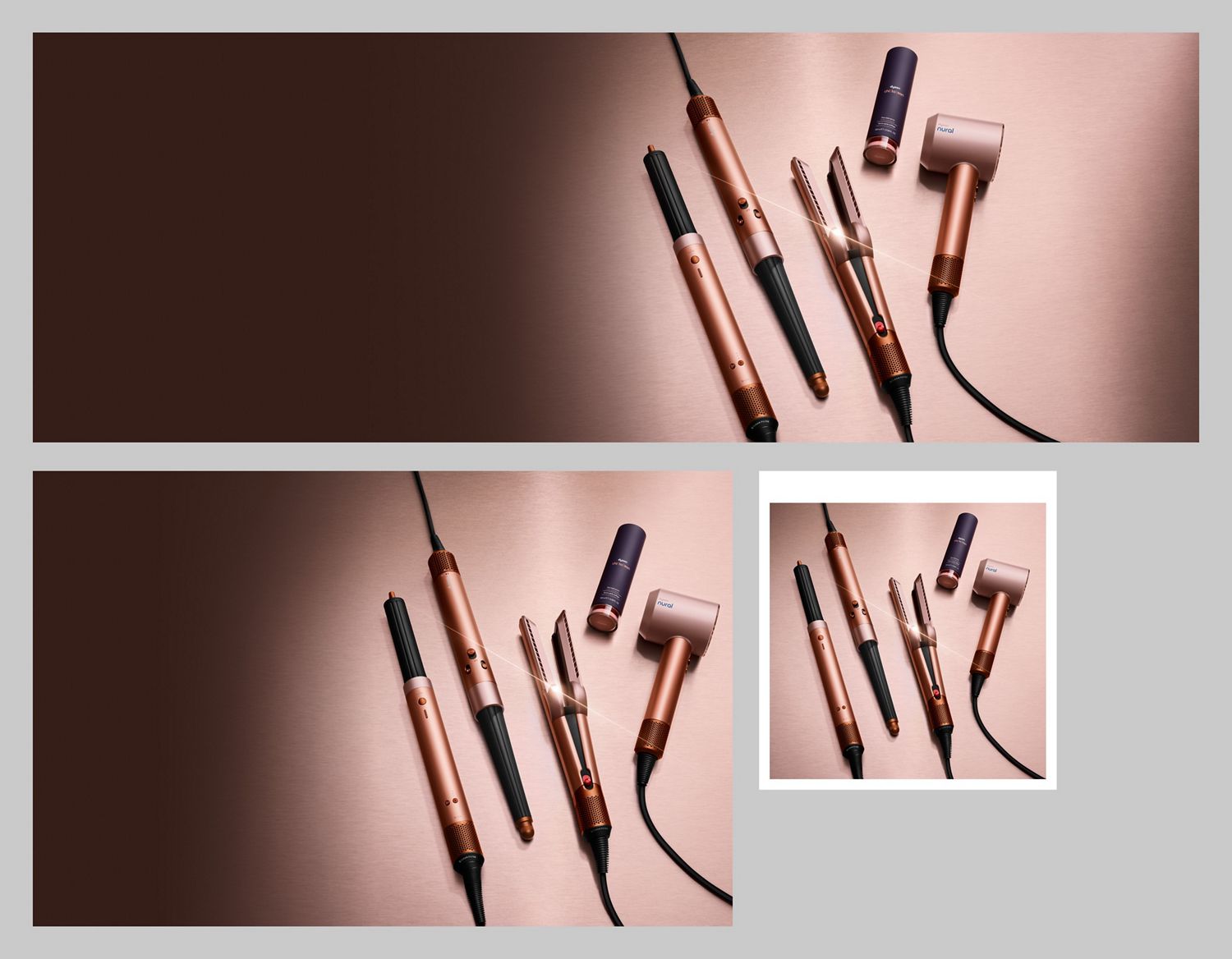 La gama de dispositivos de Dyson Beauty en color Ámbar seda con la crema de peinado Dyson Chitosan.