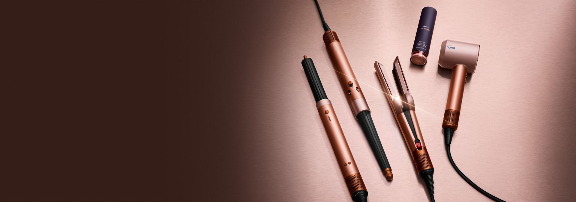 The Dyson Beauty device range in Amber silk colourway with Dyson Chitosan Pre-style cream.