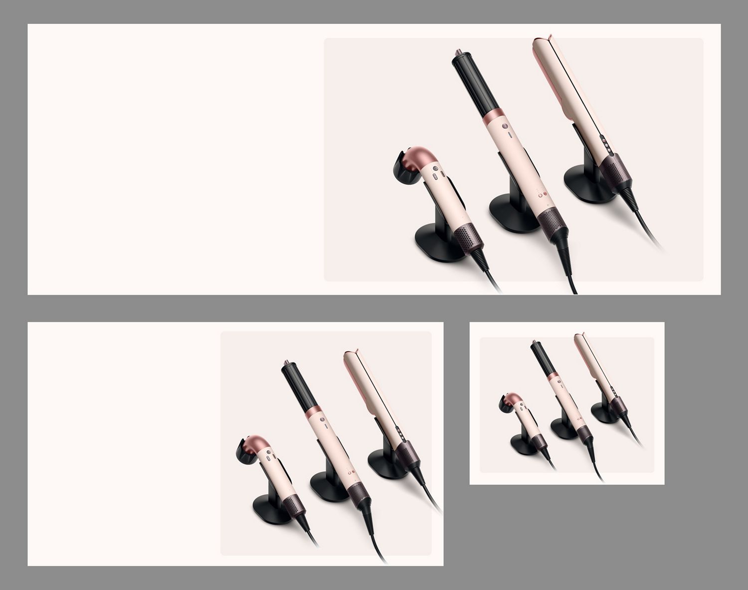 A range of Dyson Hair care devices on the Dyson-designed display stand.