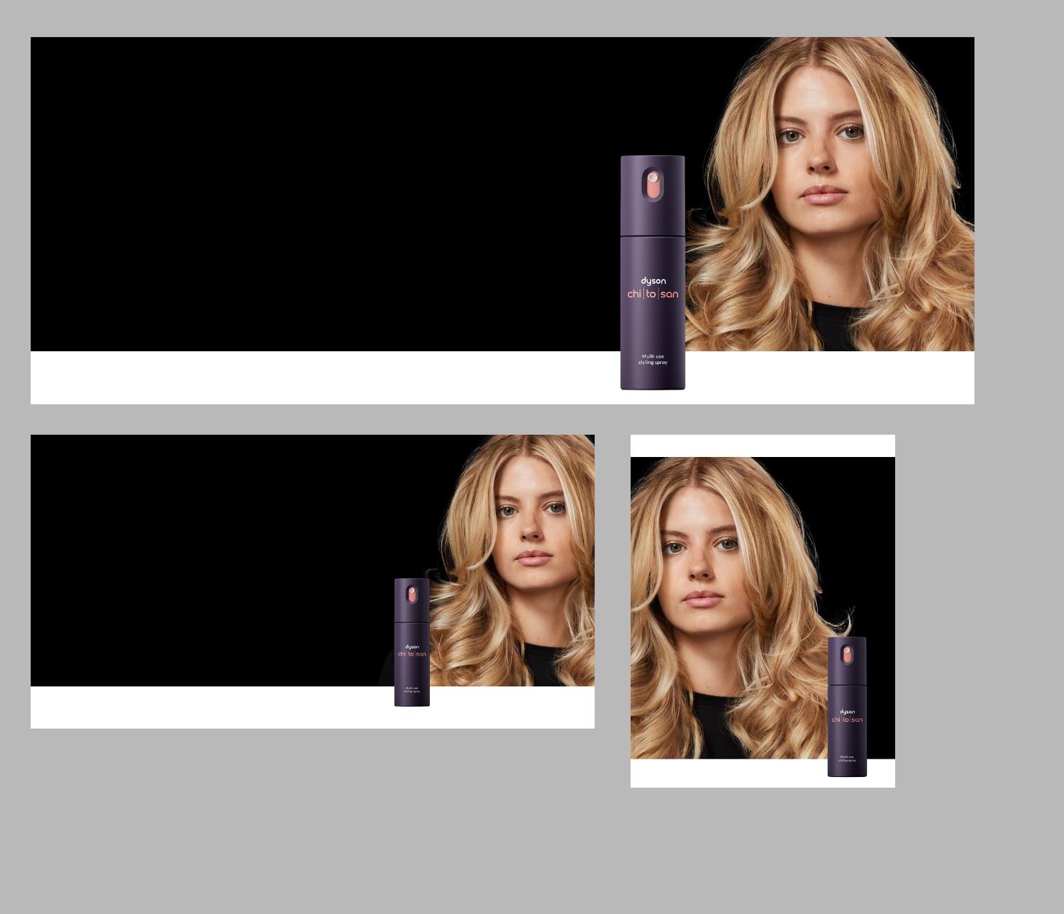 A model with styled hair behind the Dyson Chitosan Multi-use styling spray.