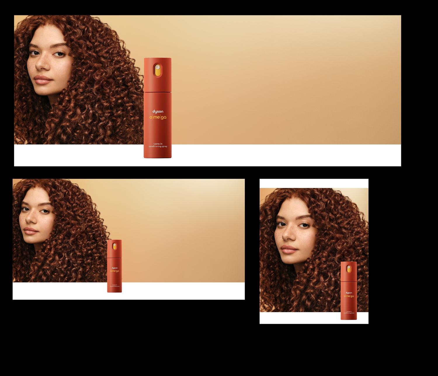 A model with nourished hair behind the Dyson Omega leave-in conditioning spray.